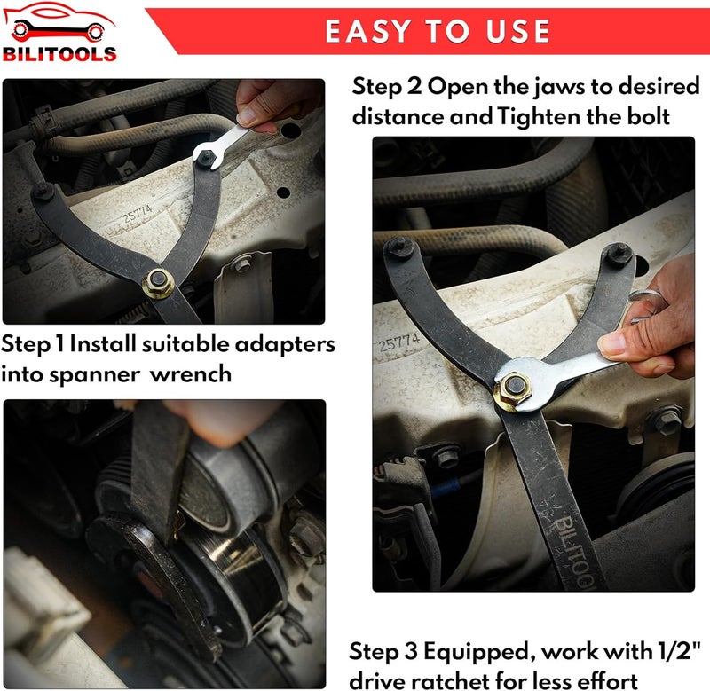 BILITOOLS 15PCS Universal Pulley Holder Tool Kit, 1/2-inch drive ratchet Adjustable Spanner Wrench with Variable Pins 3.5mm, 4mm, 4.5mm, 5mm, 6mm, 6.5mm and 10mm fits Camshaft pulleys. - Image 4